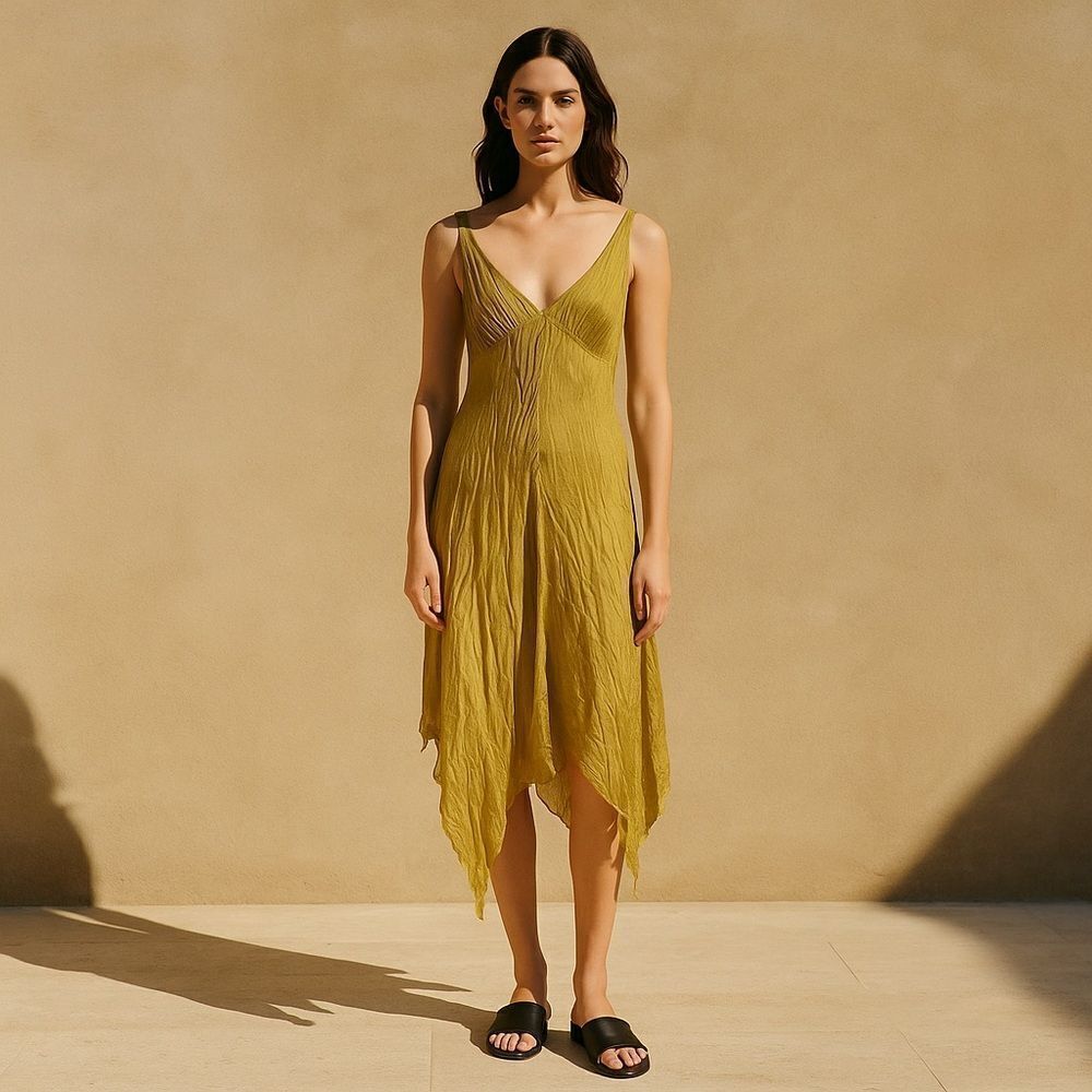 Banana Republic Satin Gold Chartreuse Hanker-chief Hem Formal Sleeveless Dress